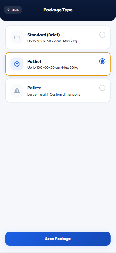 Goedkooppakket app — choose package type
